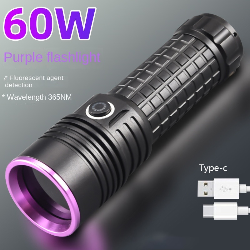 60W 365NM UV 손전등 고전력 유형-c 충전식 휴대용 방수 26650 Uv 토치, linterna 자외선